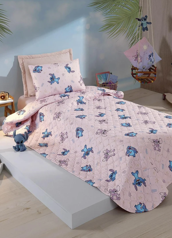 Kit Colcha Hedrons Disney Rotativo Solteiro 160x235 Stitch Love 2 Peças