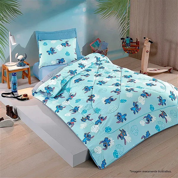 Edredom Solteiro Disney Stitch Folhas Hedrons Rotativo 160x240