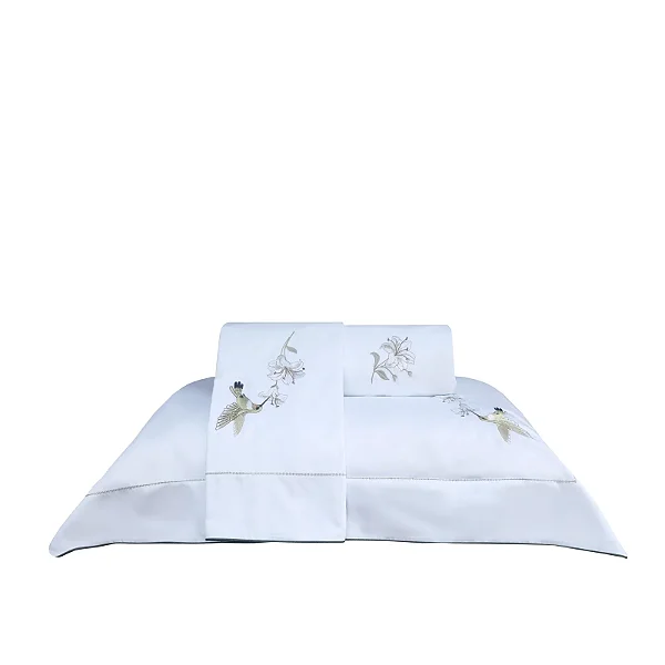 Jogo de Cama Marken Fassi Colibri King Branco com Verde 4 Peças