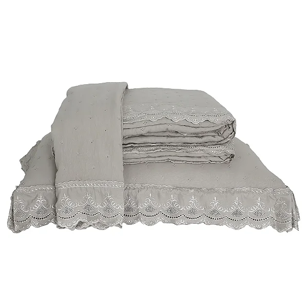 Kit Colcha Niazitex Percal Soft 300 Rendado King Cinza Claro 3 Peças