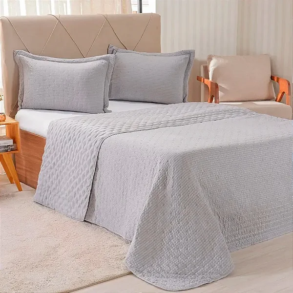 Kit Colcha Niazitez Plisse King Prateado 3 peças 280x260