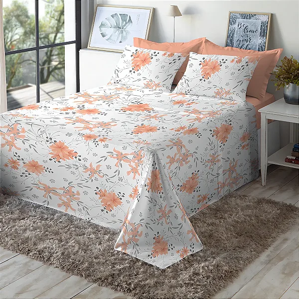 Jogo Cama Estamparia Premium Plus 100%Algodão Queen Des 7789 Salmão 4Peças