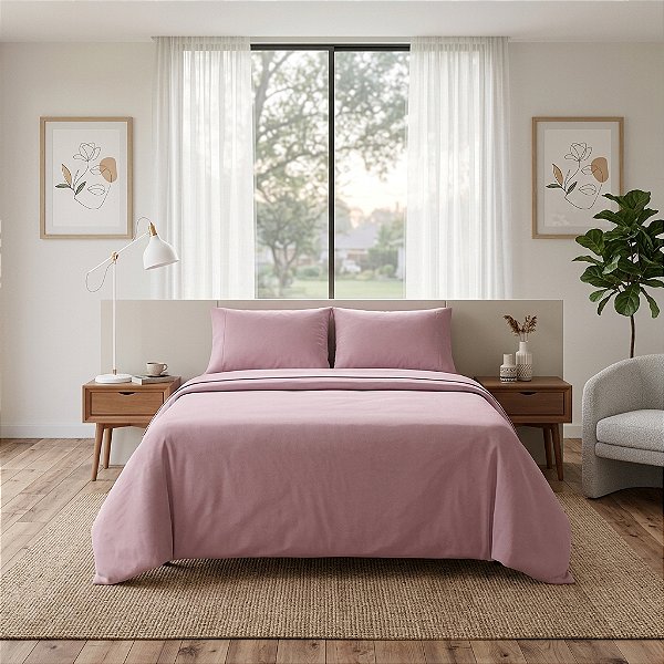 Jogo De Cama Estamparia Premium Plus Queen Rosa Antigo 100% Algodão