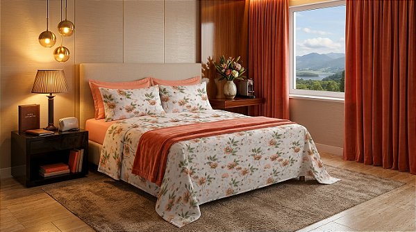 Jogo de Cama Estamparia Premium 150 Fios Queen Desenho 7812 Salmao