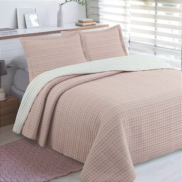Kit Colcha Jolitex Bouti Bordada Artigiana 240x260 Rose Branco