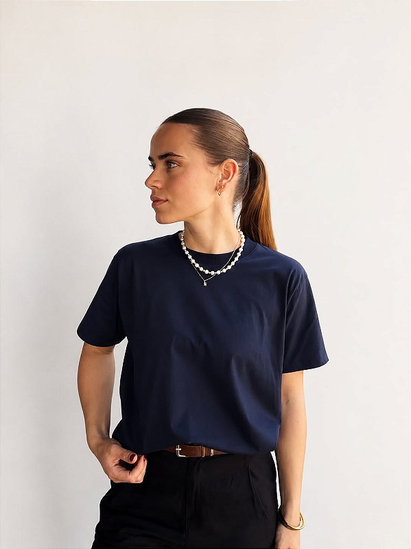 camisa feminina 100% algodão azul marinho