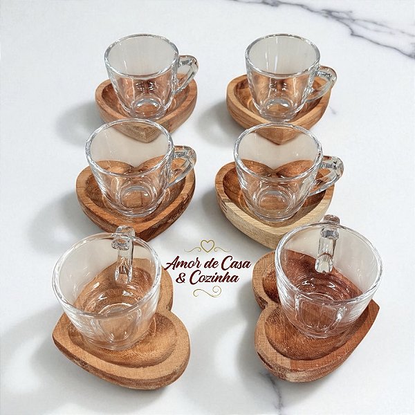 CONJUNTO 6 XÍCARAS PARA CAFÉ COM PIRES MADEIRA CORAÇÃO LIPTUS