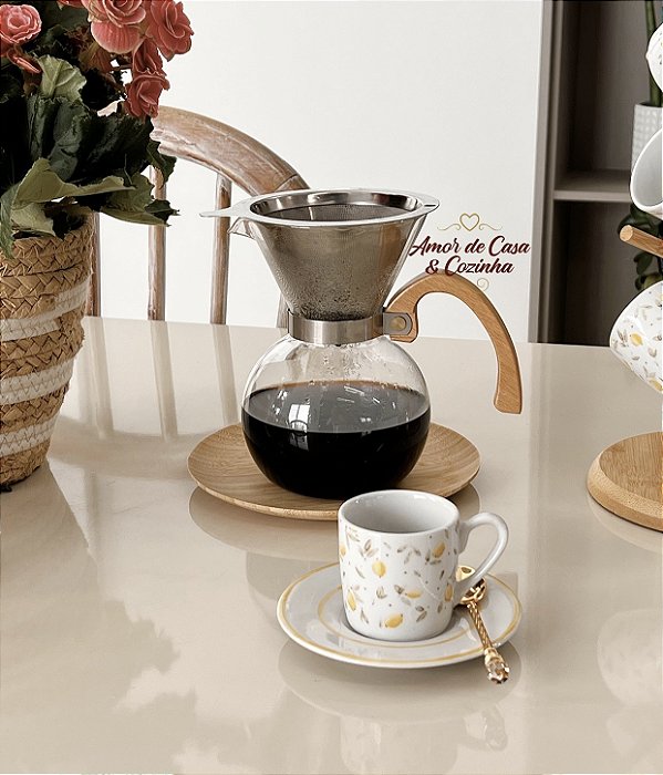 CAFETEIRA PASSADOR DE CAFÉ DE VIDRO COM ALÇA MADEIRA