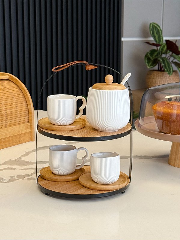 SUPORTE MULTIUSO PARA DOCES E SALGADOS DE BAMBU COM MOLDURA DE METAL