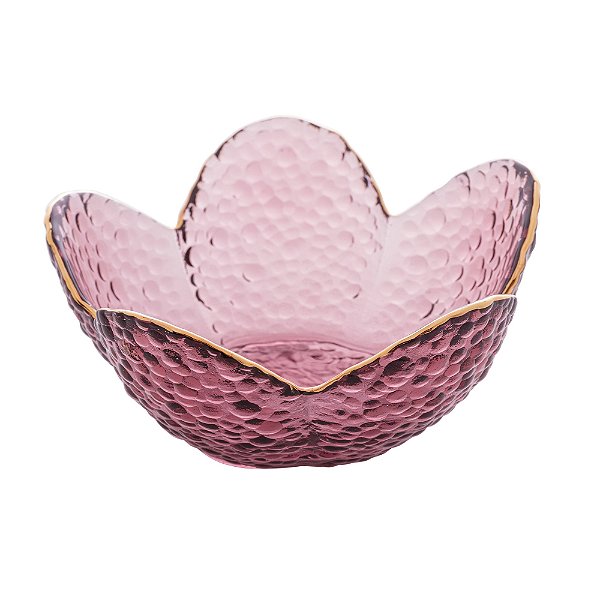 BOWL DE CRISTAL MARTELADO COM BORDA DOURADA FLOR ROSA