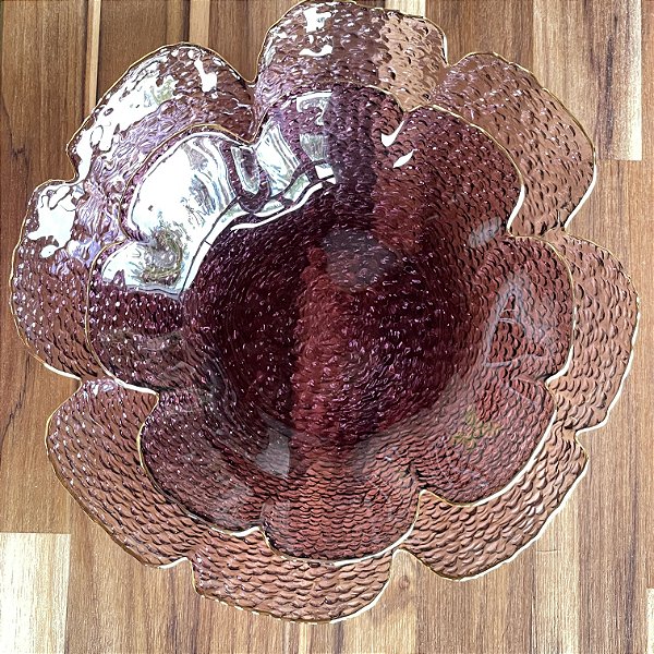BOWL DE CRISTAL MARTELADO COM BORDA DOURADA FLOR ROSA