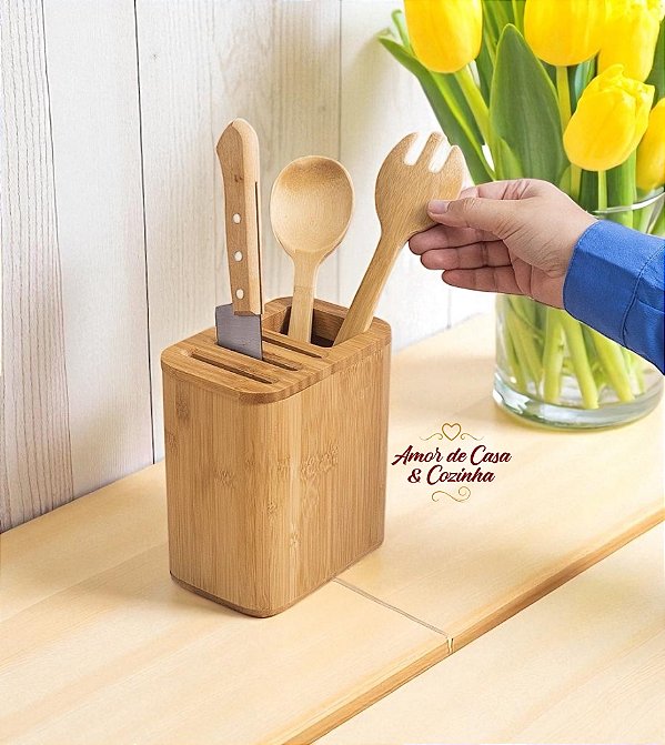 PORTA TALHER E UTENSÍLIOS DE BAMBU