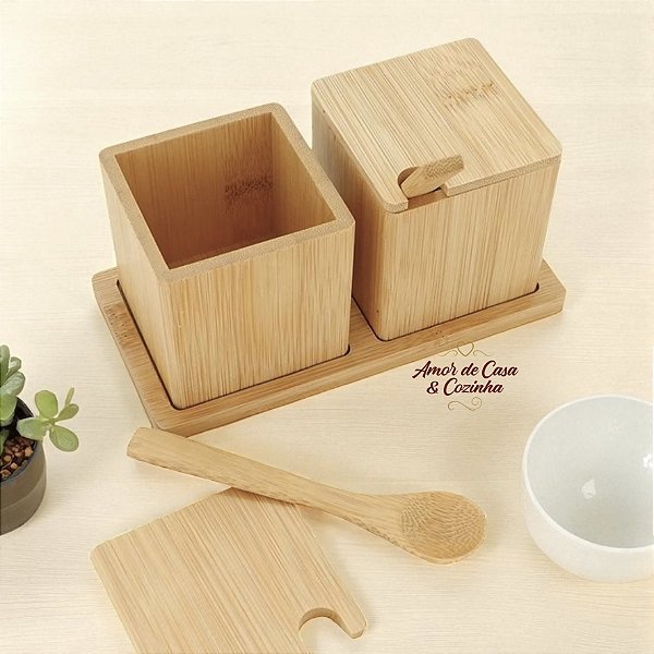 PORTA CONDIMENTOS E TEMPEROS DUPLO COM BANDEJA E COLHER DE BAMBU