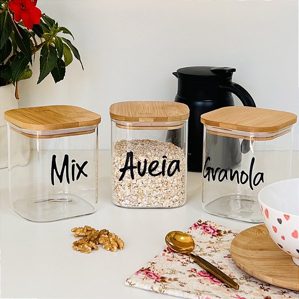 POTES PERSONALIZADOS VIDRO E BAMBU COMBO 3 UNIDADES