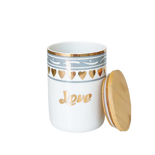 POTE DE PORCELANA LOVE DECORADO COM TAMPA DE BAMBU