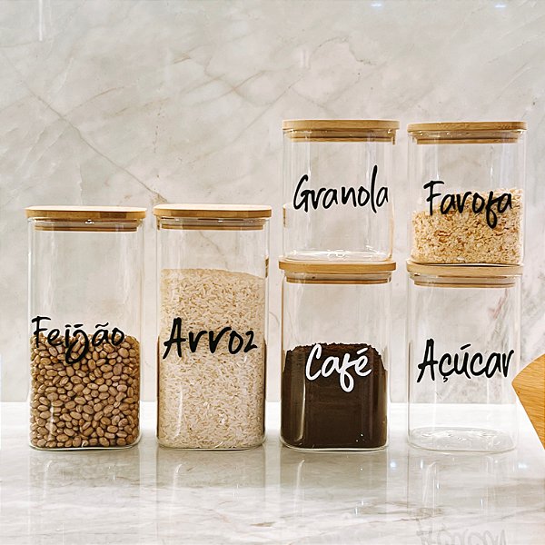 POTES PERSONALIZADOS VIDRO E BAMBU FLAT COMBO 6 UNIDADES