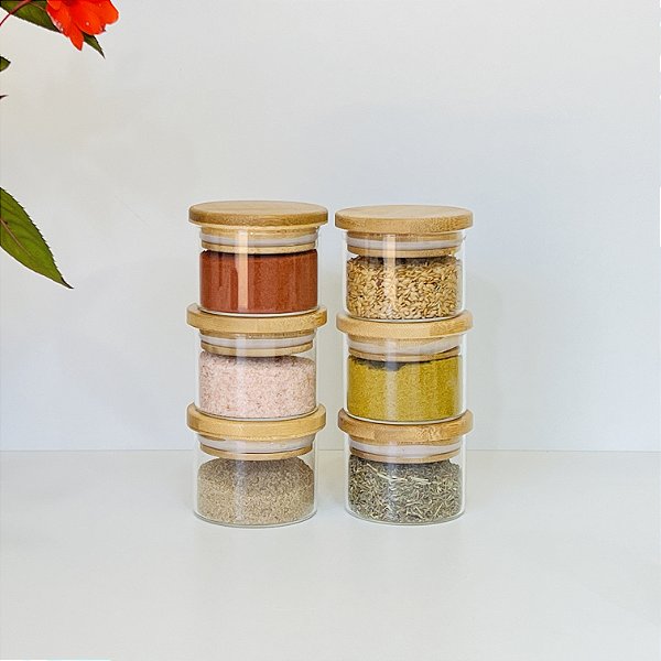 KIT POTES DE TEMPEROS COM TAMPA DE BAMBU 6 UNIDADES 110ML