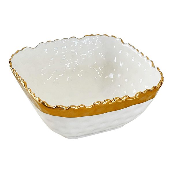 BOWL QUADRADO PORCELANA CRAQUELADA  BRANCO E DOURADO