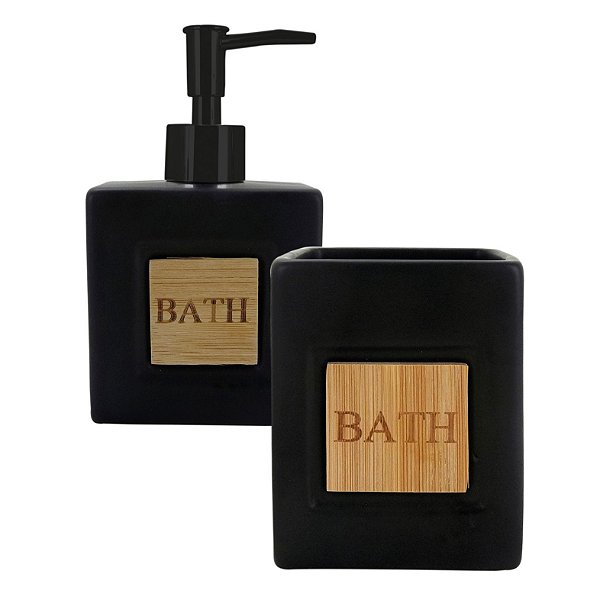 JOGO DE BANHEIRO BATH 2 PEÇAS CERÂMICA E BAMBU PRETO