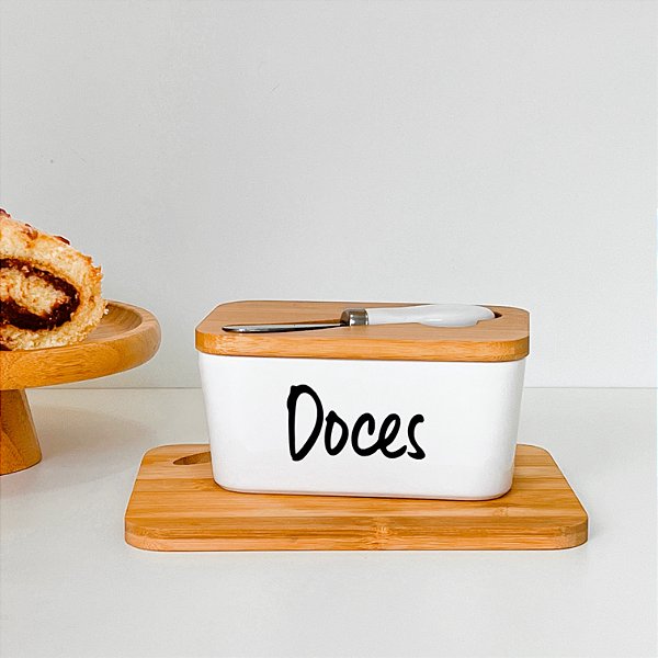 POTE DE PORCELANA CRAZY PERSONALIZADA COM ESPÁTULA E TAMPA DE BAMBU DOCES
