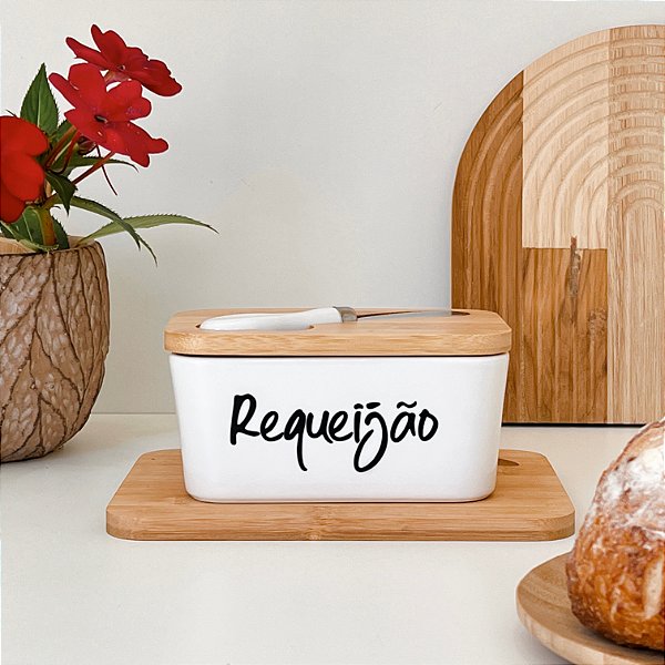 POTE DE PORCELANA CRAZY PERSONALIZADA COM ESPÁTULA E TAMPA DE BAMBU REQUEIJÃO