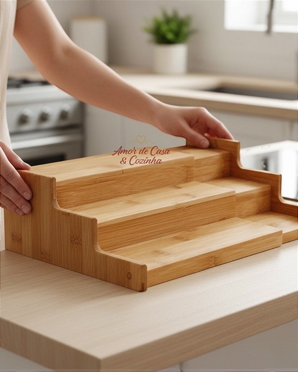 RACK ORGANIZADOR EXTENSÍVEL TRÊS NÍVEIS DE BAMBU 22x22x8,5