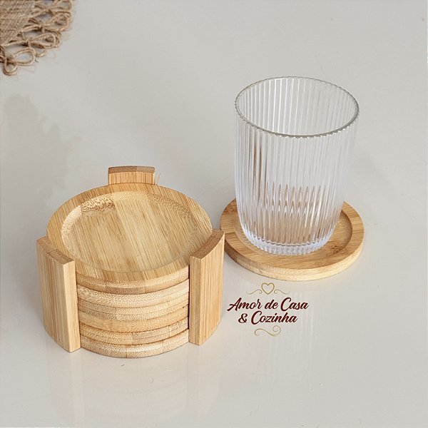 PORTA COPOS COM SUPORTE DE BAMBU REDONDO