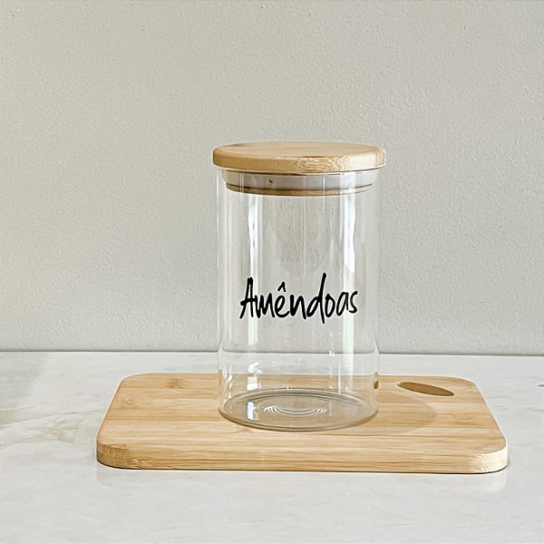 POTE PERSONALIZADO COM TAMPA DE BAMBU AMÊNDOAS 600 ML