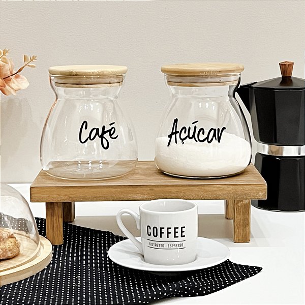 KIT 2 POTES GLASS COM TAMPA DE BAMBU E BANDEJA 700 ML