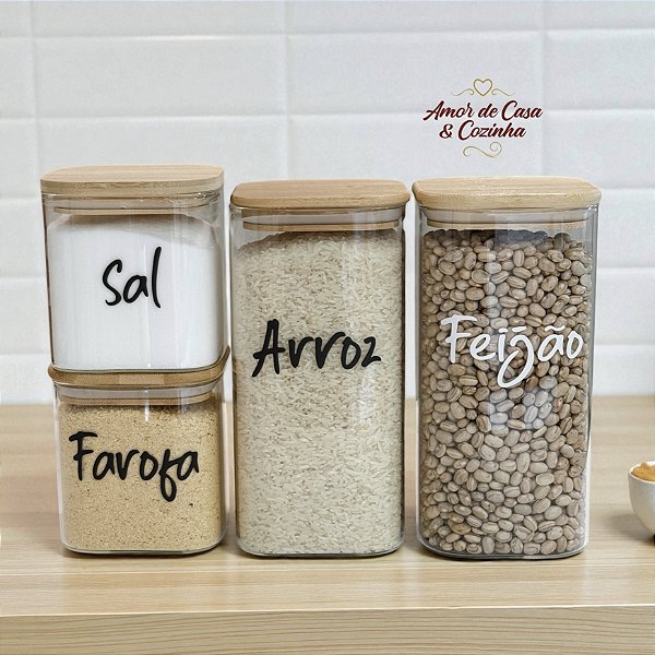 POTES PERSONALIZADOS VIDRO E BAMBU FLAT COMBO 4 UNIDADES