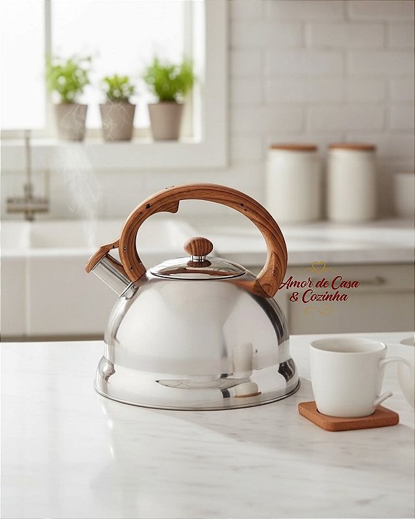 CHALEIRA DE INOX COM APITO E ALÇA BAMBU 3,0L