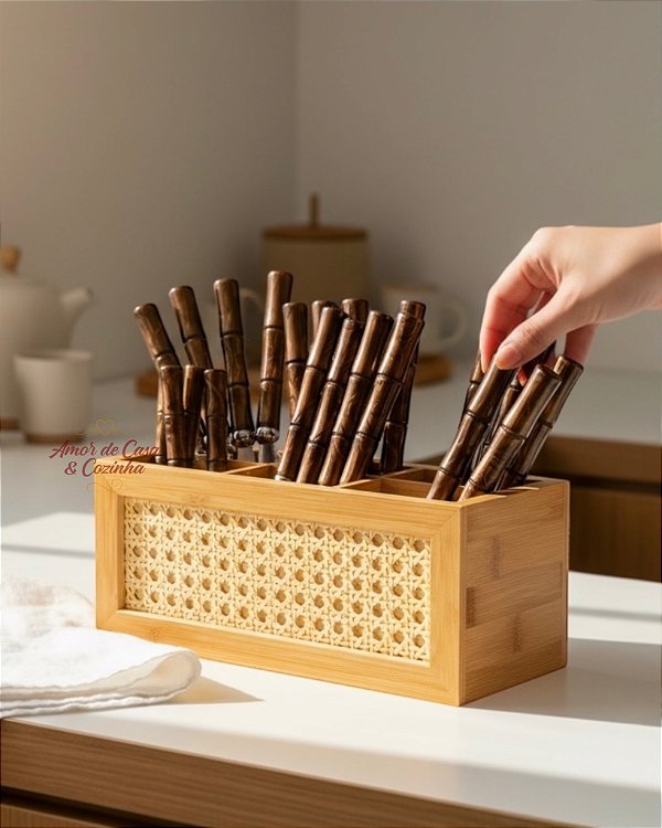 CAIXA ORGANIZADORA DE BAMBU E PALHINHA 6 NICHOS