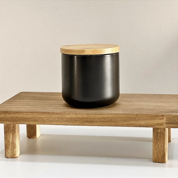 POTE DE CERÂMICA PRETO COM TAMPA DE BAMBU 250ML