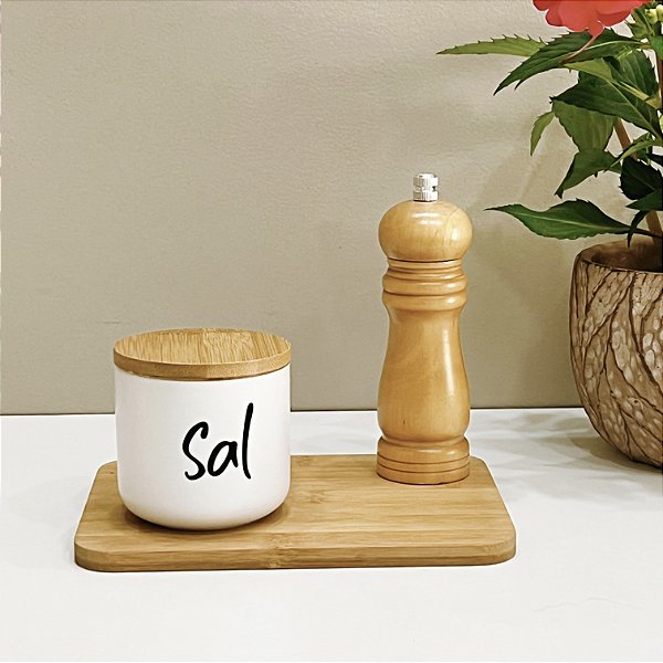 POTE DE CERÂMICA BRANCO COM TAMPA DE BAMBAU SAL 250ML