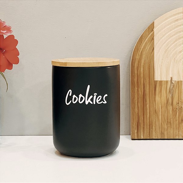 POTE DE CERÂMICA PRETO COM TAMPA DE BAMBU COOKIES 800ML