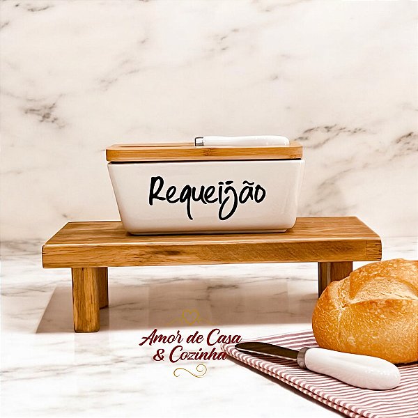 MANTEIGUEIRA PRIME DE PORCELANA BRANCA COM ESPÁTULA E TAMPA DE BAMBU REQUEIJÃO