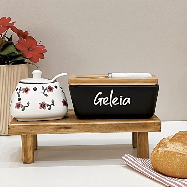 MANTEIGUEIRA PRIME DE PORCELANA PRETA COM ESPÁTULA E TAMPA DE BAMBU GELEIA