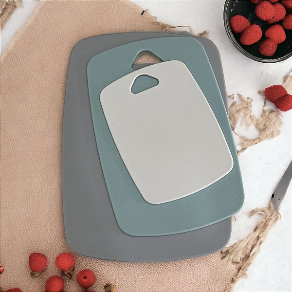 KIT TÁBUAS DE CORTE FIBRA DE BAMBU 3 CORES VERDURAS CARNES E PEIXES