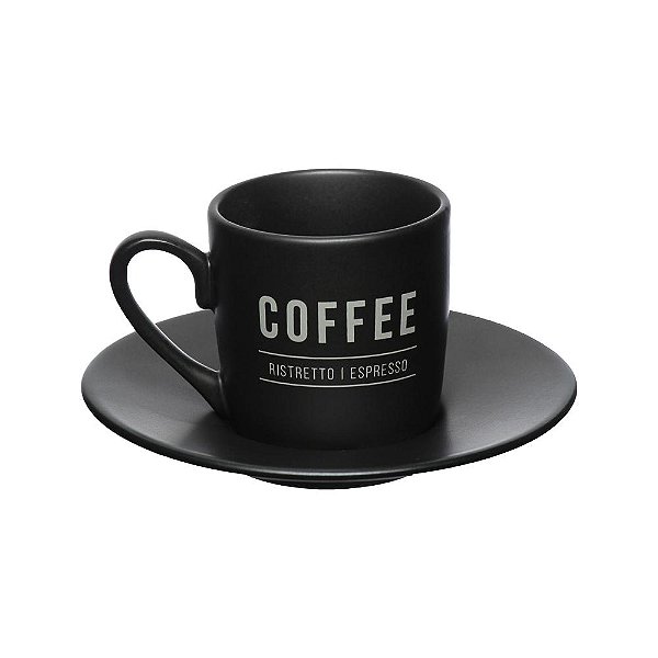 CONJUNTO 6 XÍCARAS CAFÉ HATTAN PRETA SCRIPT BRANCO 80 ML