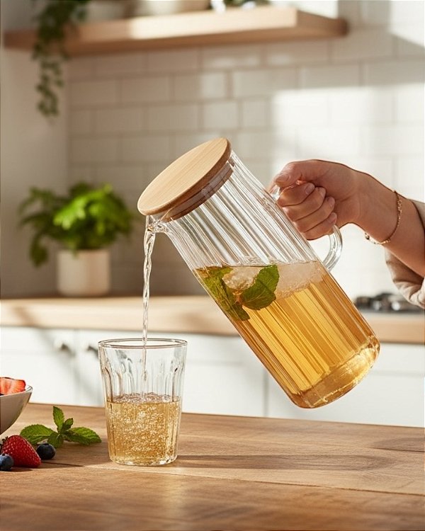 JARRA DE BOROSSILICATO CANELADO COM TAMPA DE BAMBU 1,1L