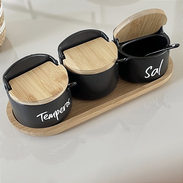 KIT SALEIROS COM BANDEJA E TAMPA BAMBU HATTAN PRETO 350ML