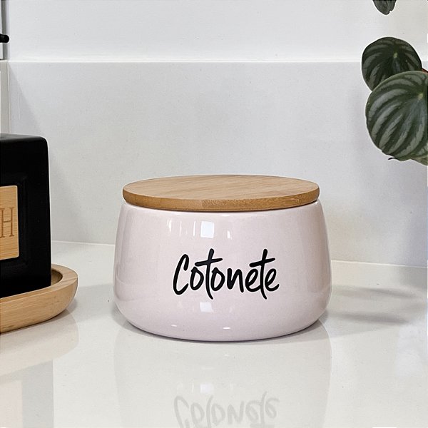 POTE DE CERÂMICA ROSA COM TAMPA DE BAMBU COTONETE