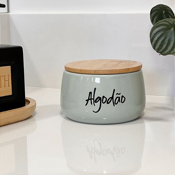 POTE DE CERÂMICA VERDE COM TAMPA DE BAMBU ALGODÃO