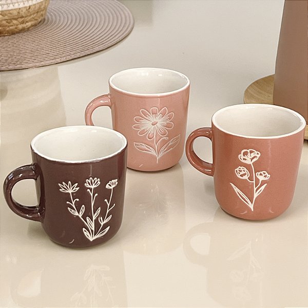 CONJUNTO CANECAS PORCELANA FLORES 3 UN 170ML