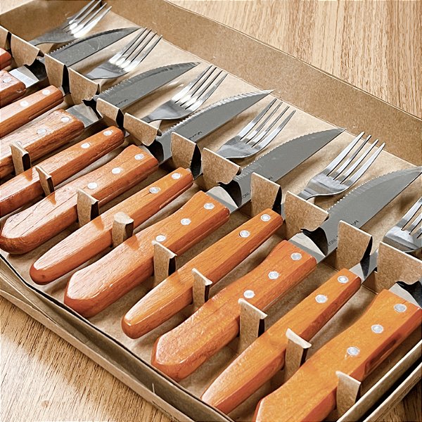 KIT PARA CHURRASCO 12 PEÇAS DE MADEIRA E INOX