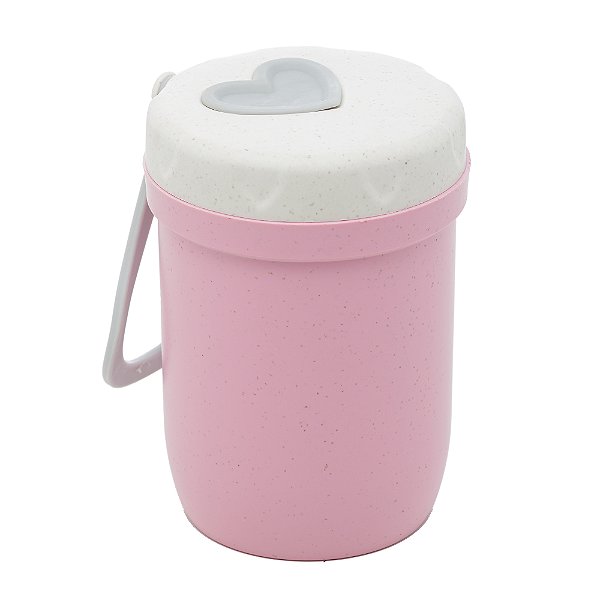 COPO TÉRMICO DE FIBRA DE BAMBU EPP PAREDE DUPLA COM ALÇA DE SILICONE E TAMPA ROSA 300ML