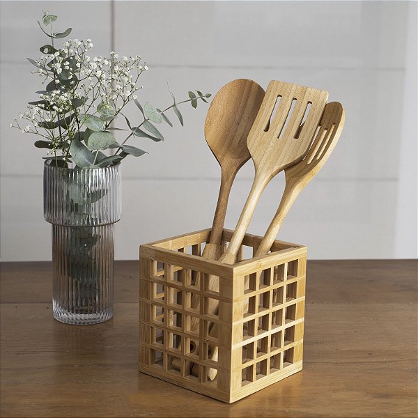 PORTA TALHER E UTENSÍLIOS DE BAMBU VAZADO 13 CM
