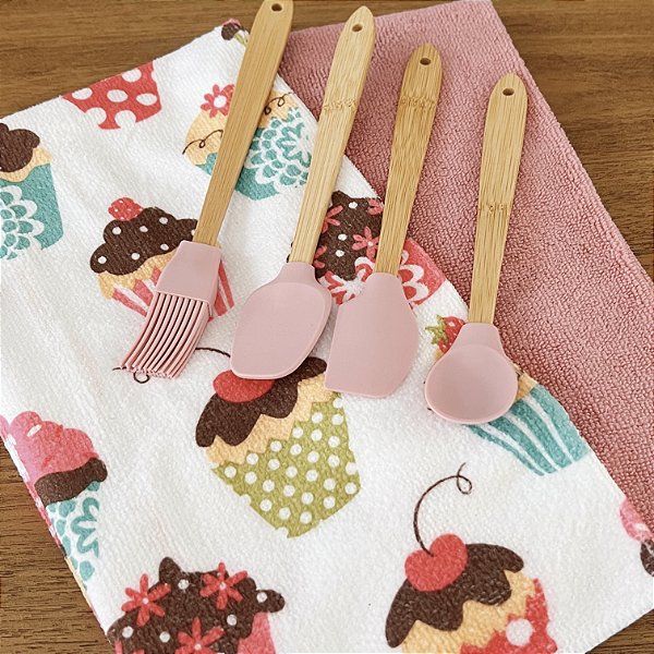 KIT PANO DE PRATO COM 4 UTENSÍLIOS CAPCAKE