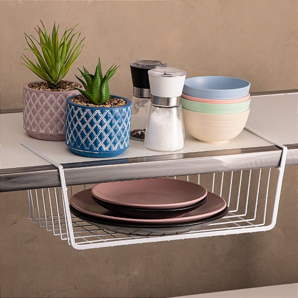 CESTA ORGANIZADORA  DE PRATELEIRA METAL BRANCO 40 CM