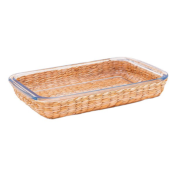 TRAVESSA RETANGULAR DE VIDRO COM RATTAN 3L